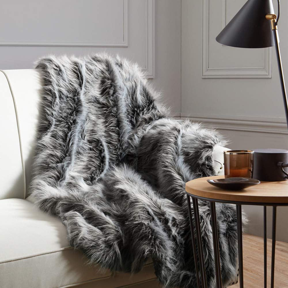 Luxury Plush Faux Fur Blanket King Size, Long Pile Brown with Black