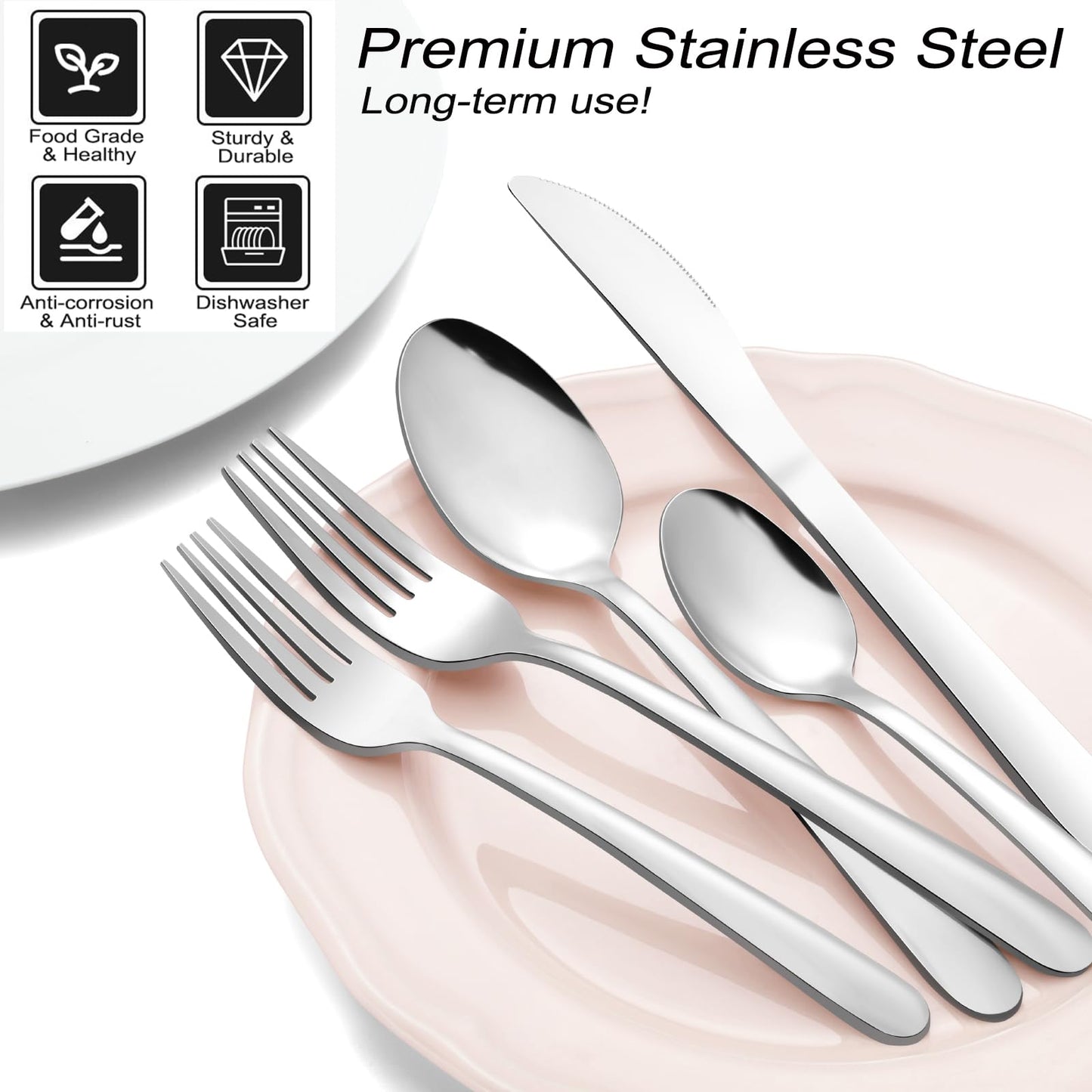 72-Pieces Silverware Sets for 12, Flatware Set with Steak Knives