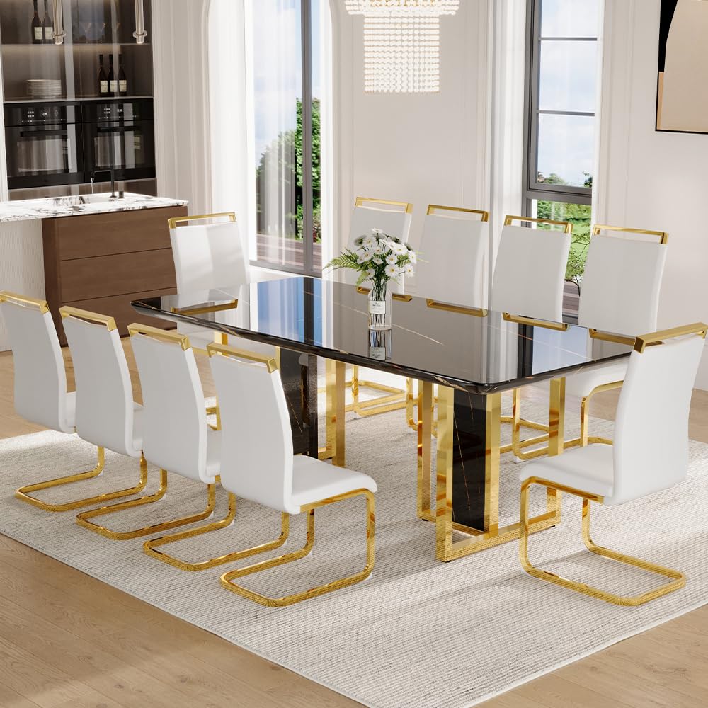 79" Black Modern Dining Table Set for 8,Black Golden Chairs