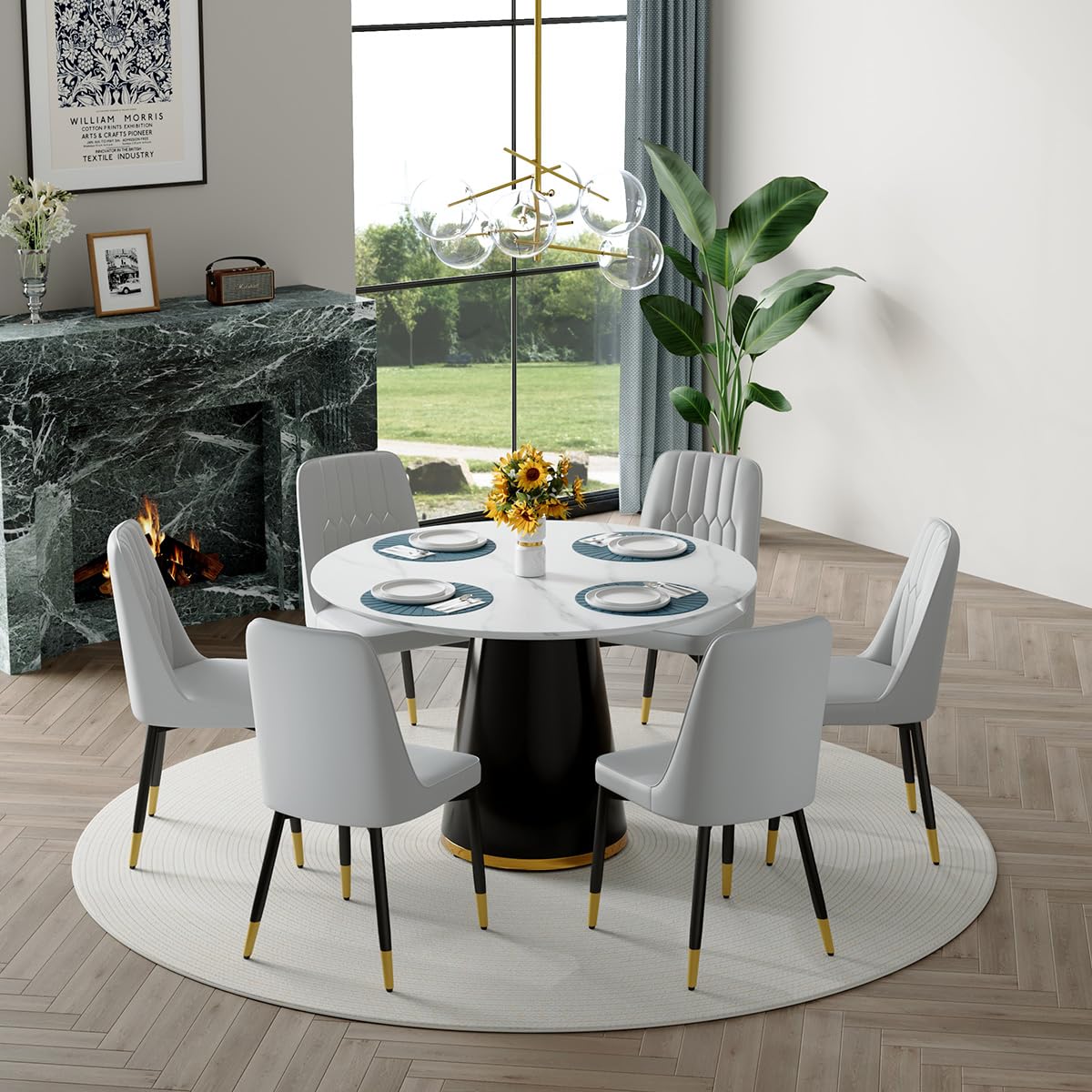 Round Dining Table Set for 6, 45''Round Wooden Dining Set