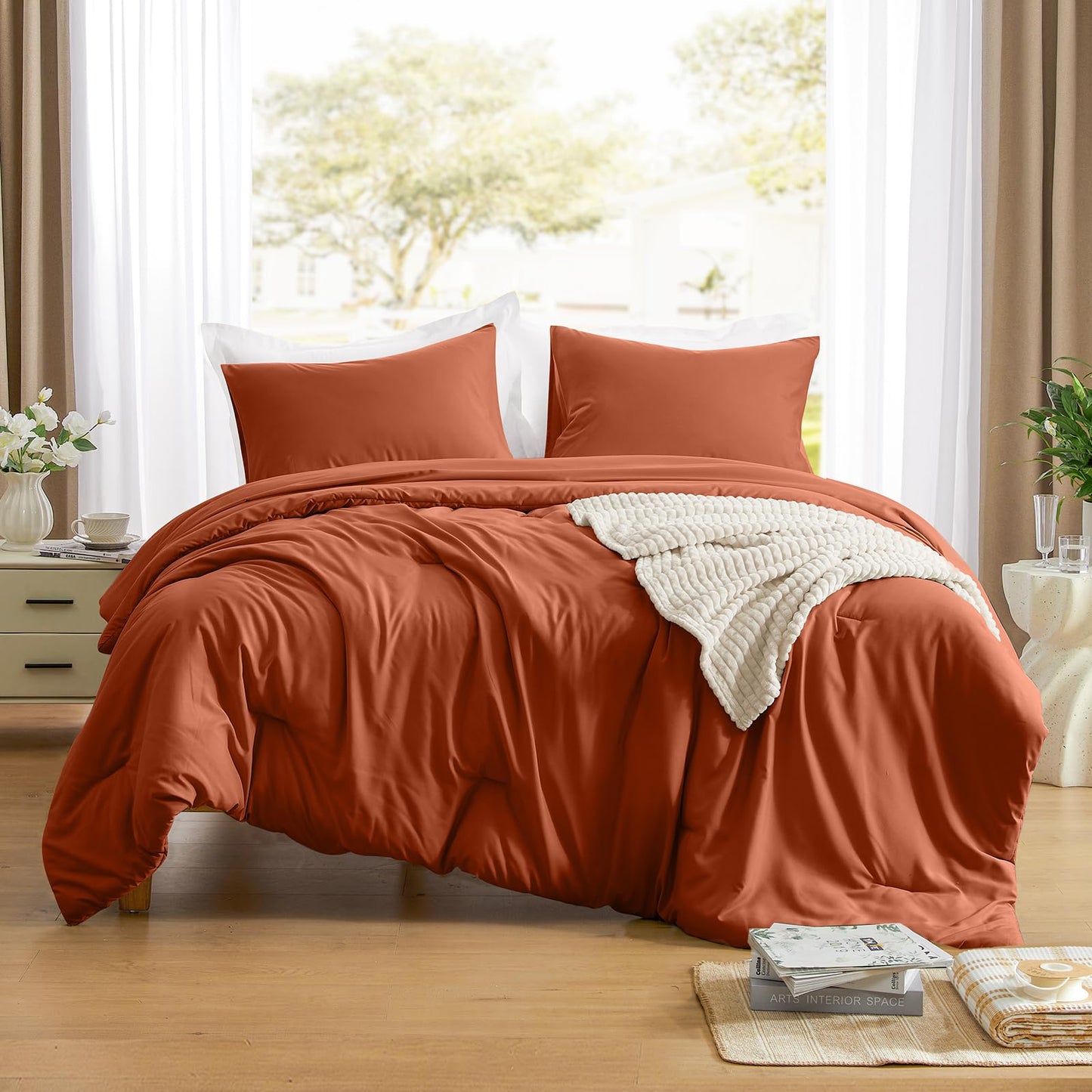 Lightweight Beige Comforter Set Queen Size, Fluffy Comforters