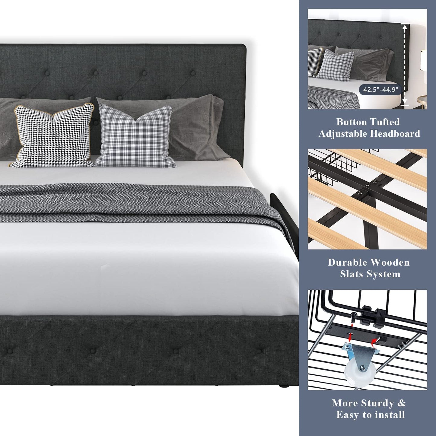 Upholstered Platform Bed Frame with 4 Storage Drawers and Headboard