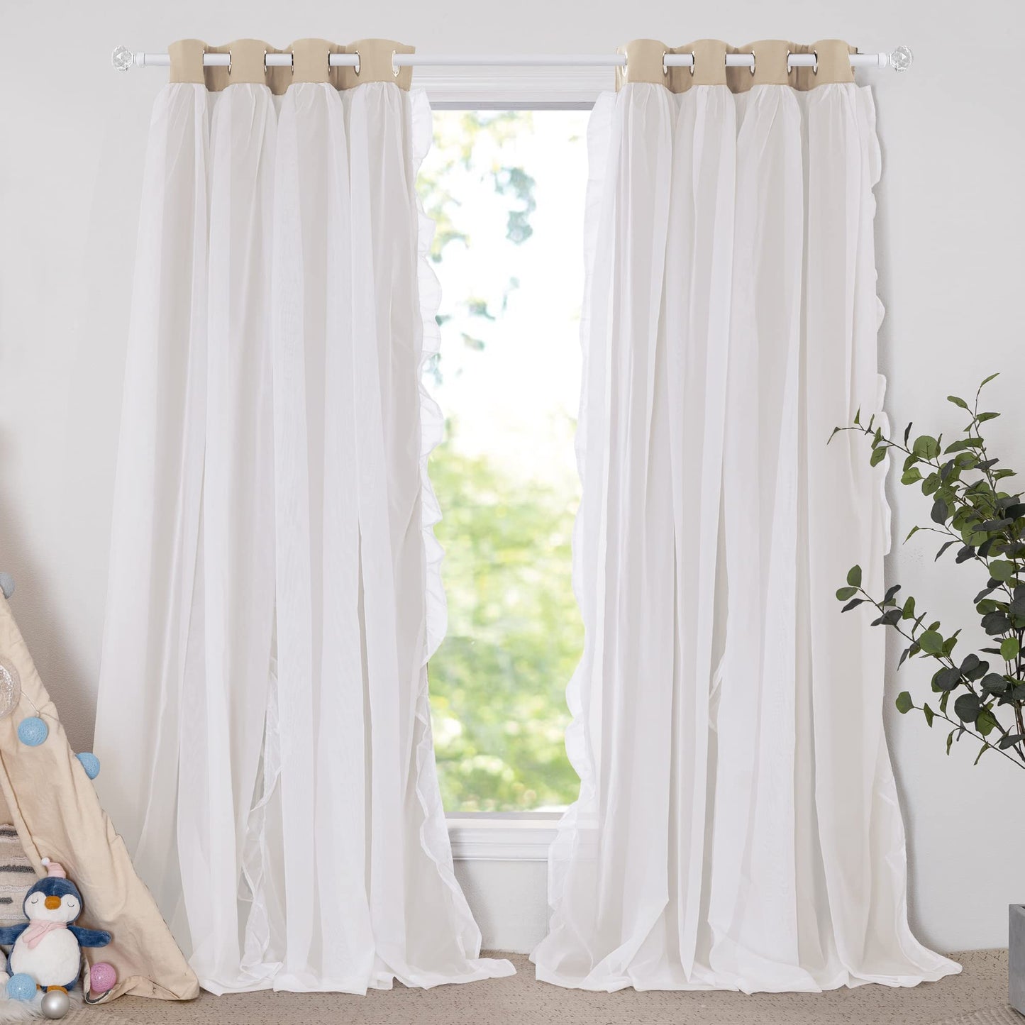 Blackout Window Treatment Double Layer Drapes Ruffle Sheer Overlay 2 Panels