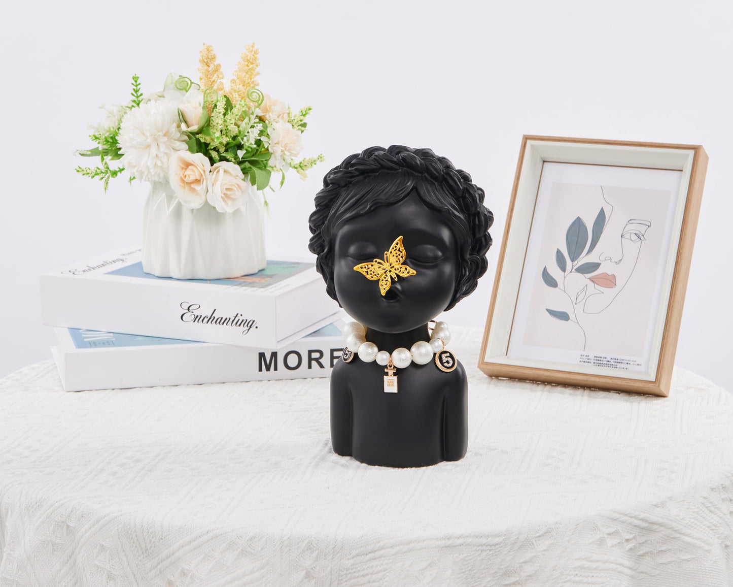 Butterfly Girl Statue Table Decor, Black and Gold Accent Decoration