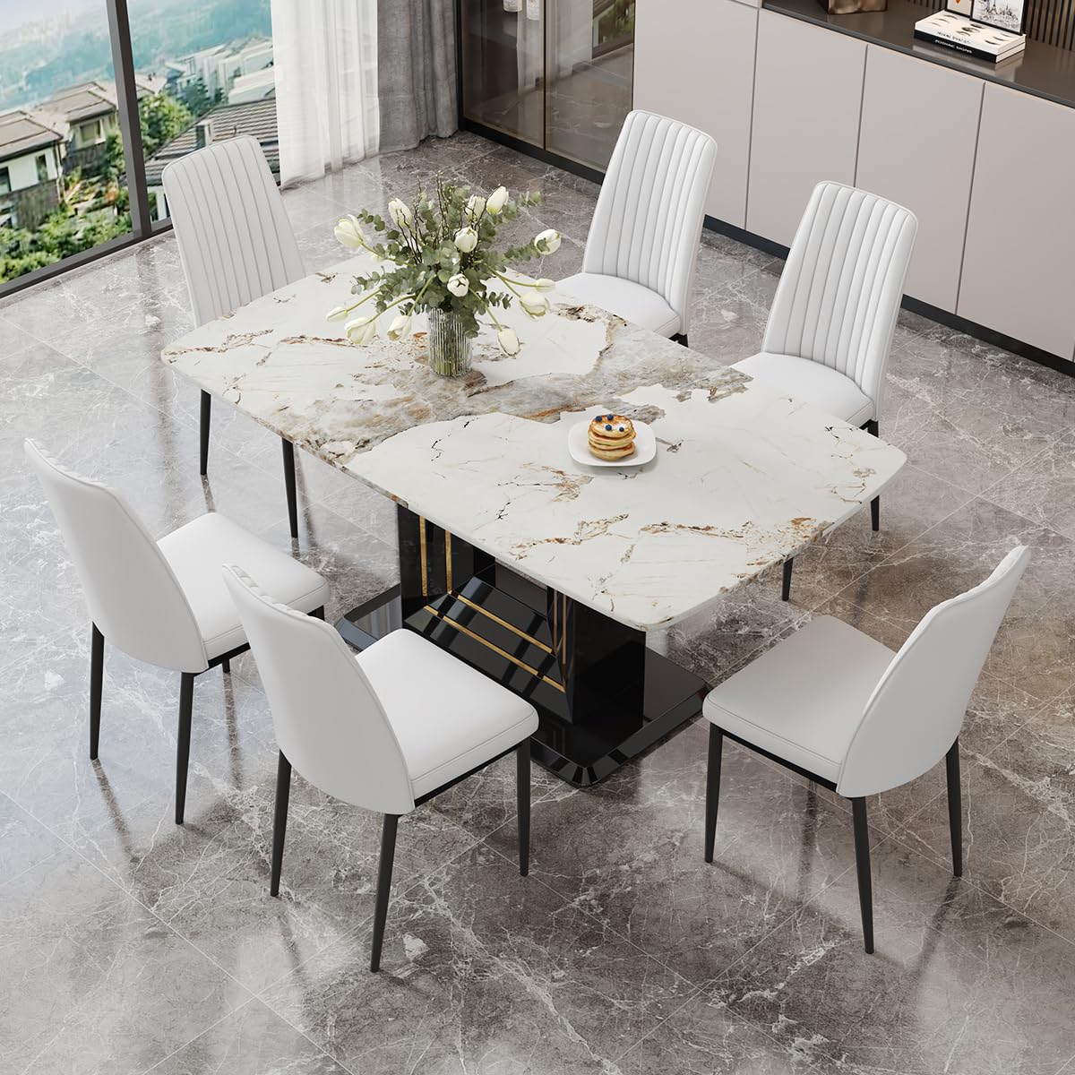 Dining Table Set for 6, White Faux Marble Pattern Table with 6 Modern Dining Chairs