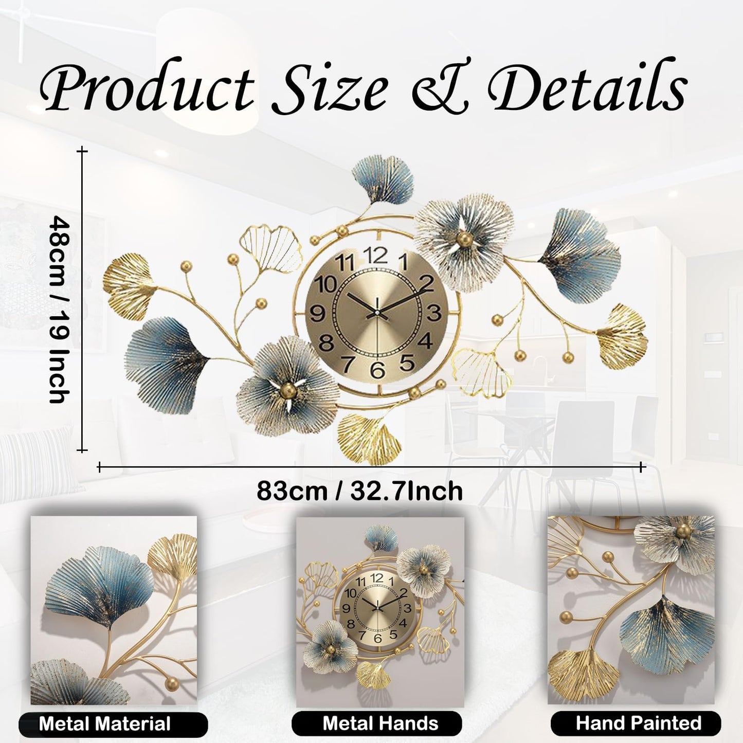 3D Metal Ginkgo Wall Clocks Decorative with Silent Movement Wall Clock