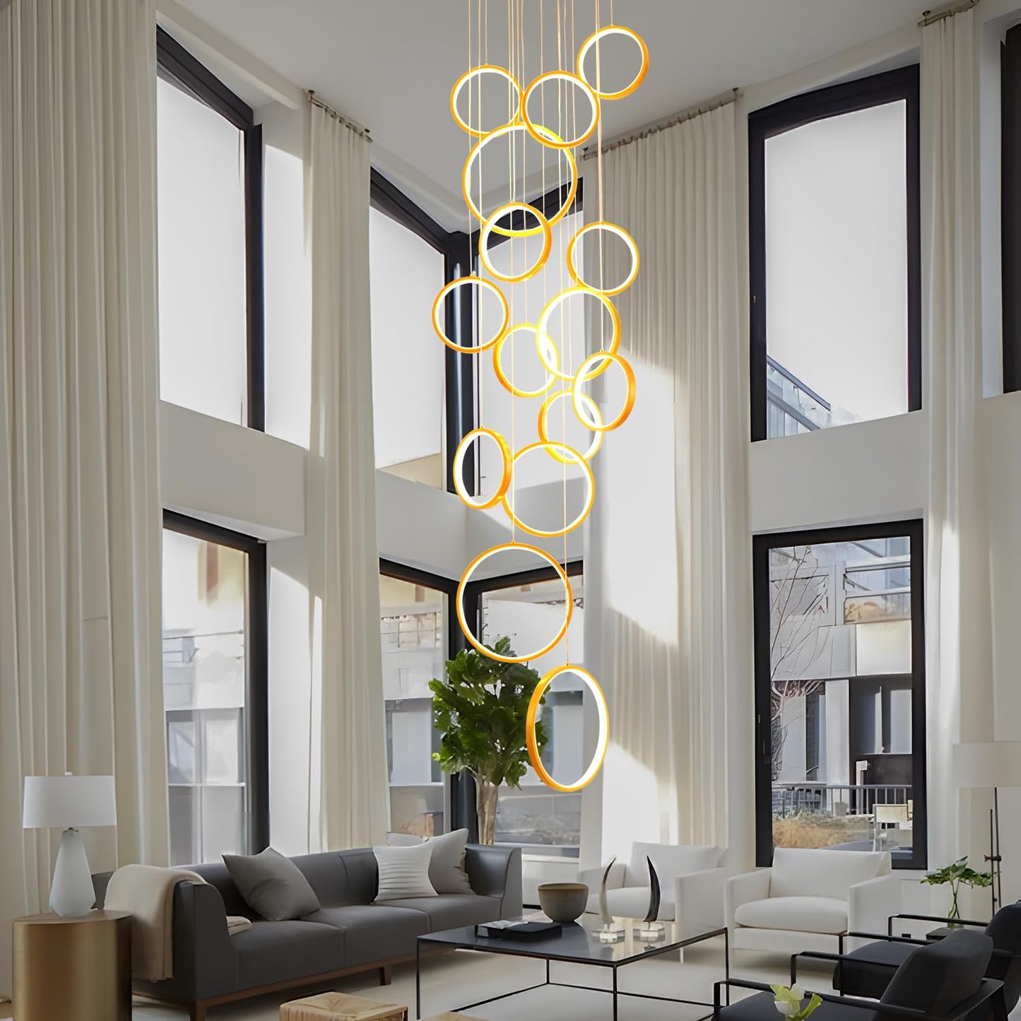 Gold Staircase Hanging 12 Ring Long Led Chandelier Dimmable with Remote Controller