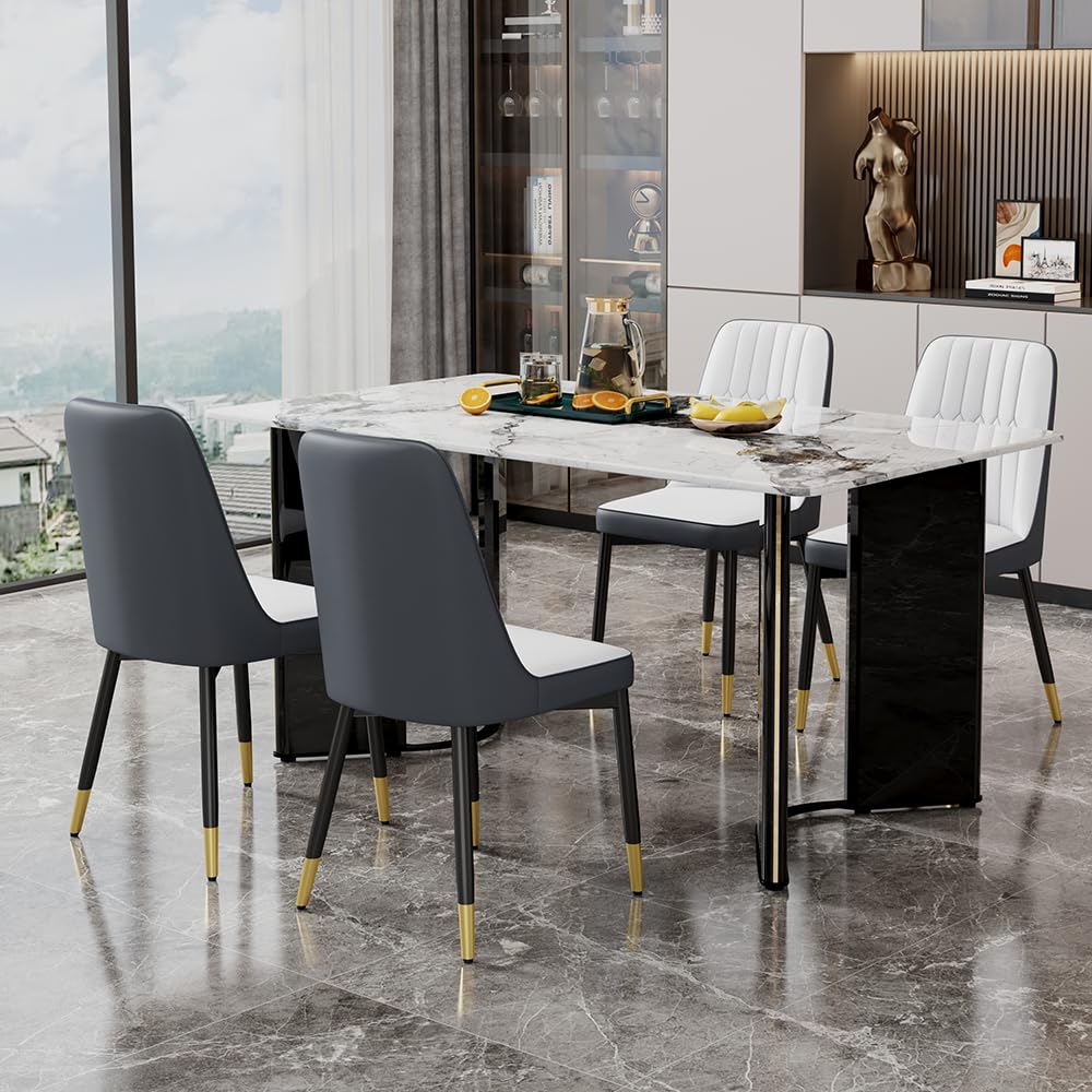 Dining Table Set for 6, White Faux Marble Pattern Table with 6 Modern Dining Chairs