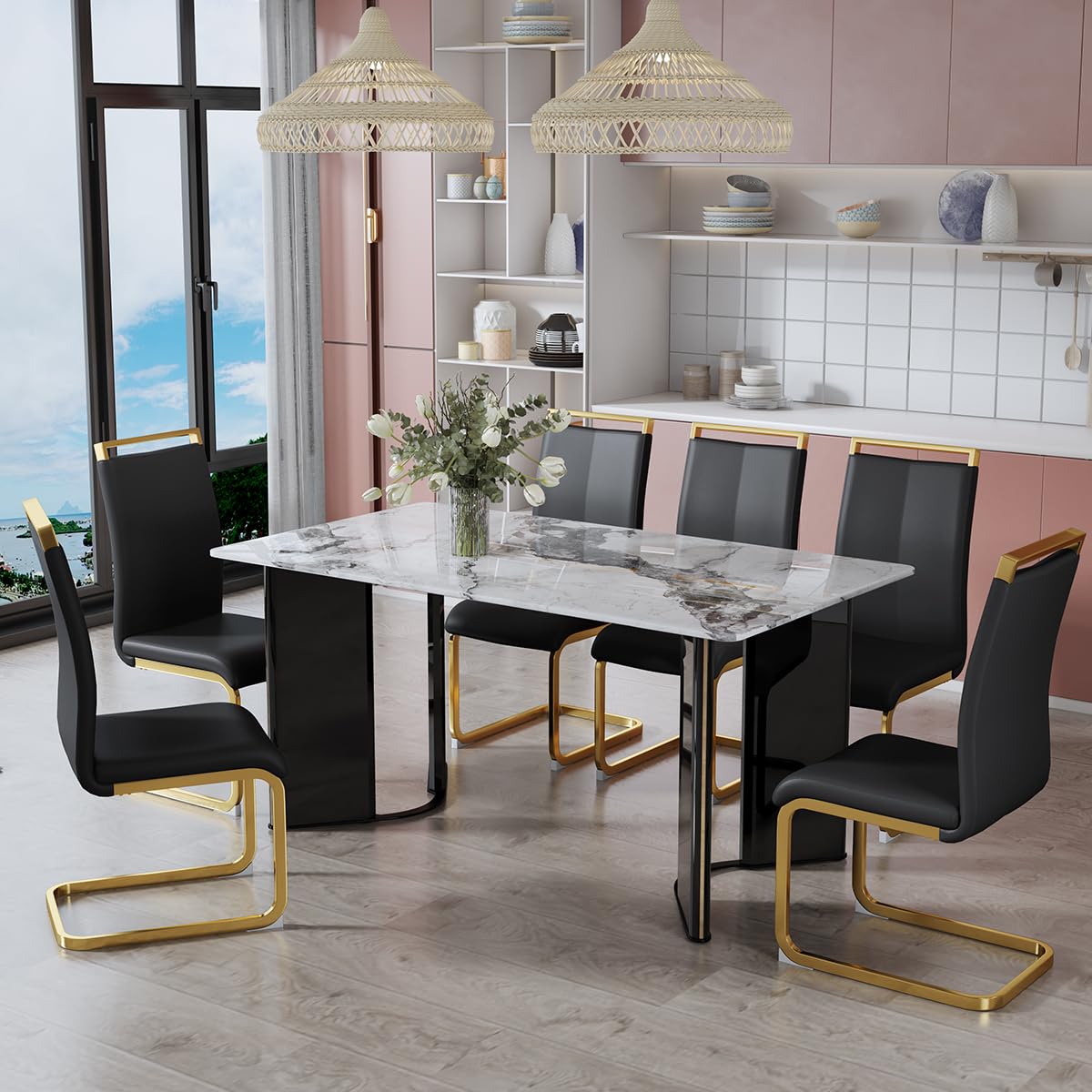 Dining Table Set for 6, White Faux Marble Pattern Table with 6 Modern Dining Chairs