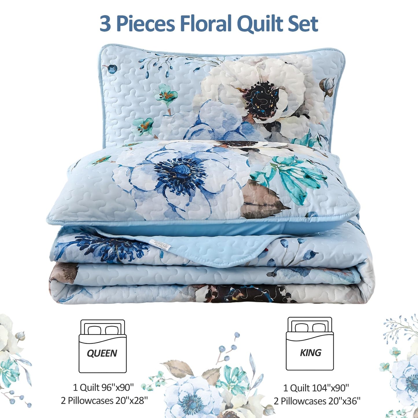 Purple Floral Quilt Set Queen Size, 3 Pieces Botanical Flower Printed