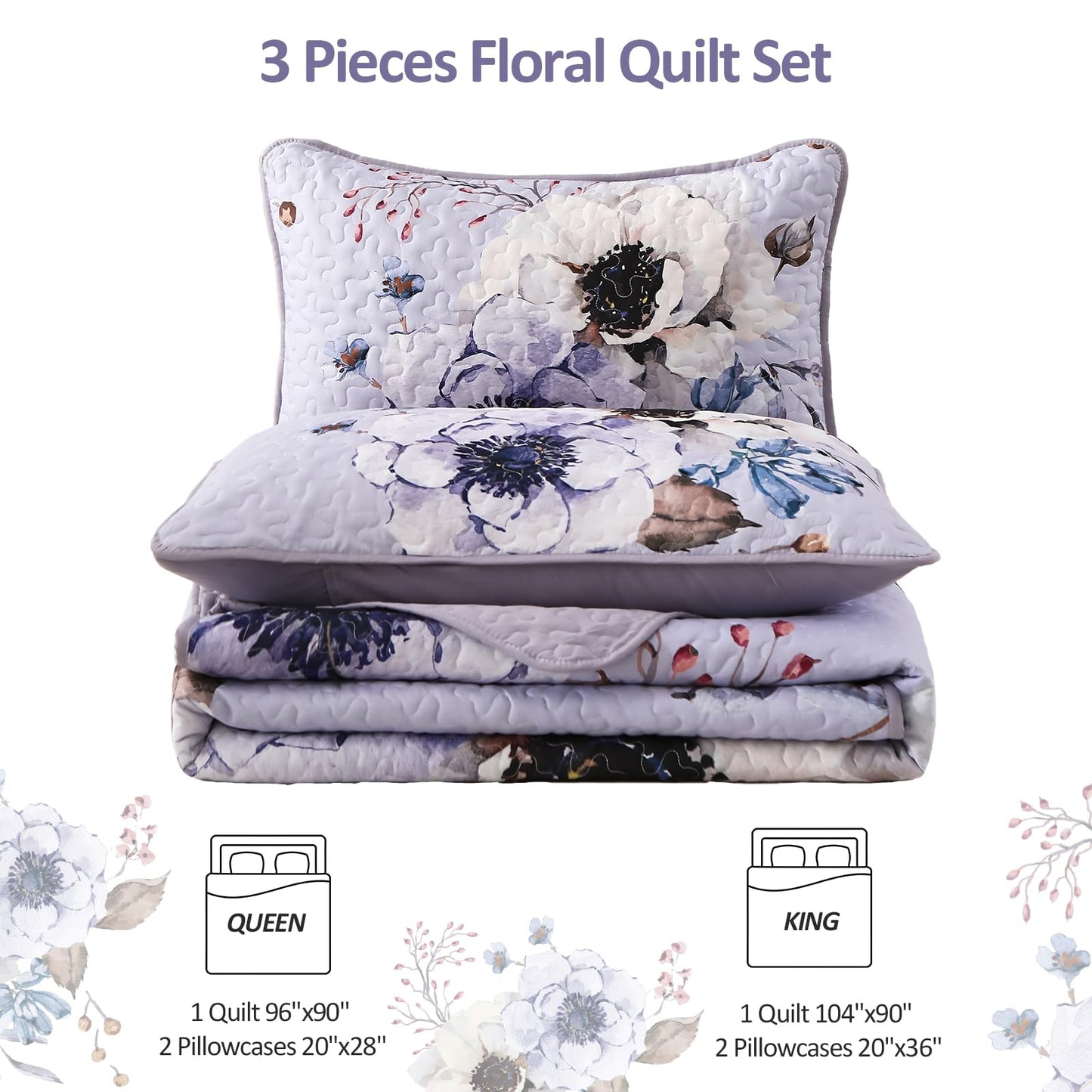 Purple Floral Quilt Set Queen Size, 3 Pieces Botanical Flower Printed