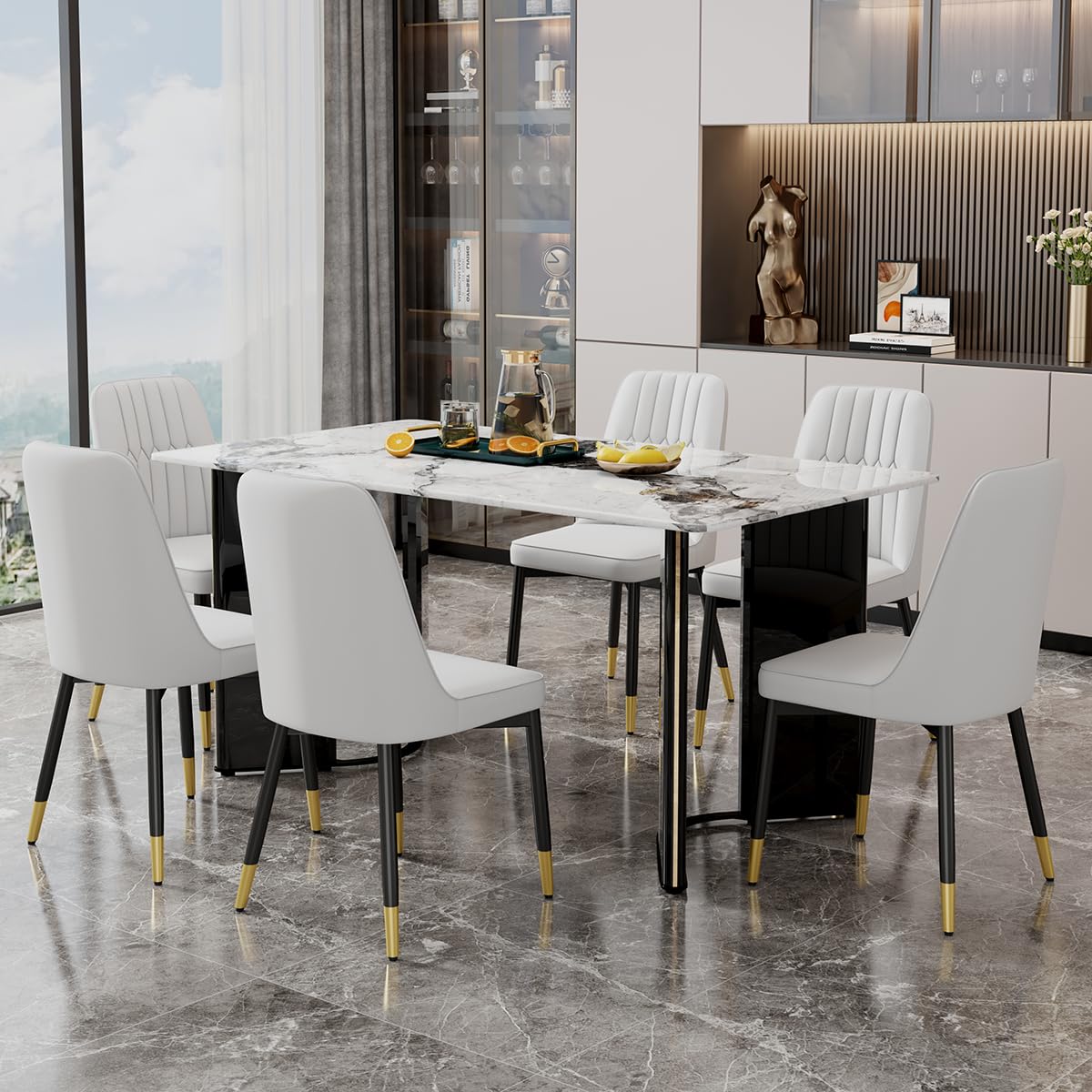 Dining Table Set for 6, White Faux Marble Pattern Table with 6 Modern Dining Chairs