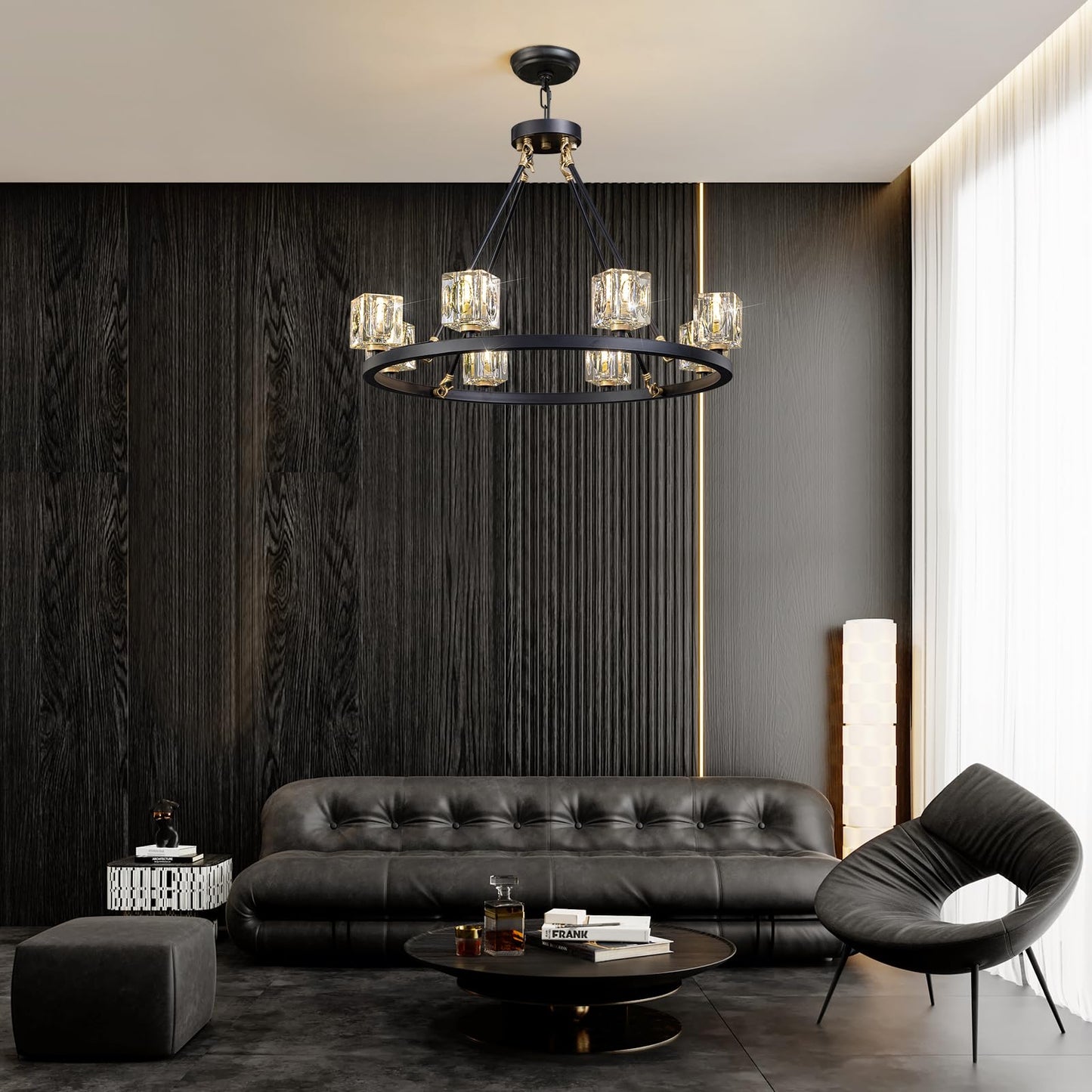 13-Lights Modern Crystal Living Room Light Fixture, Black and Gold