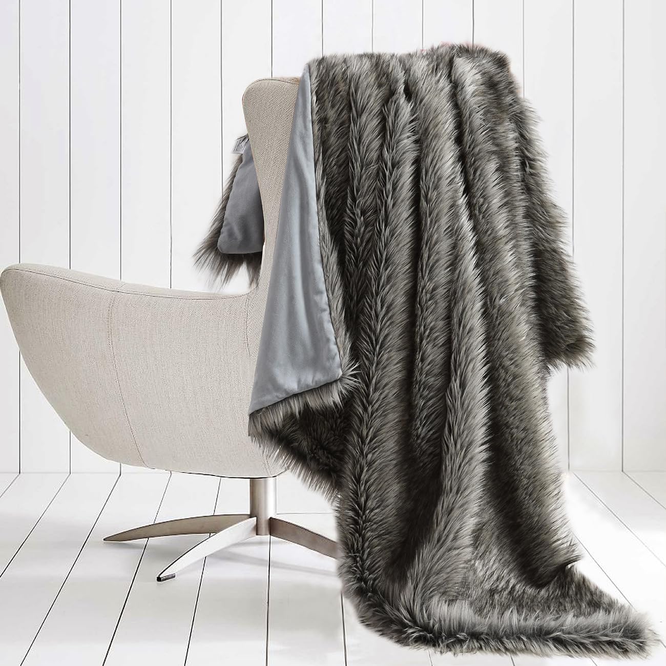 Luxury Plush Faux Fur Blanket King Size, Long Pile Brown with Black