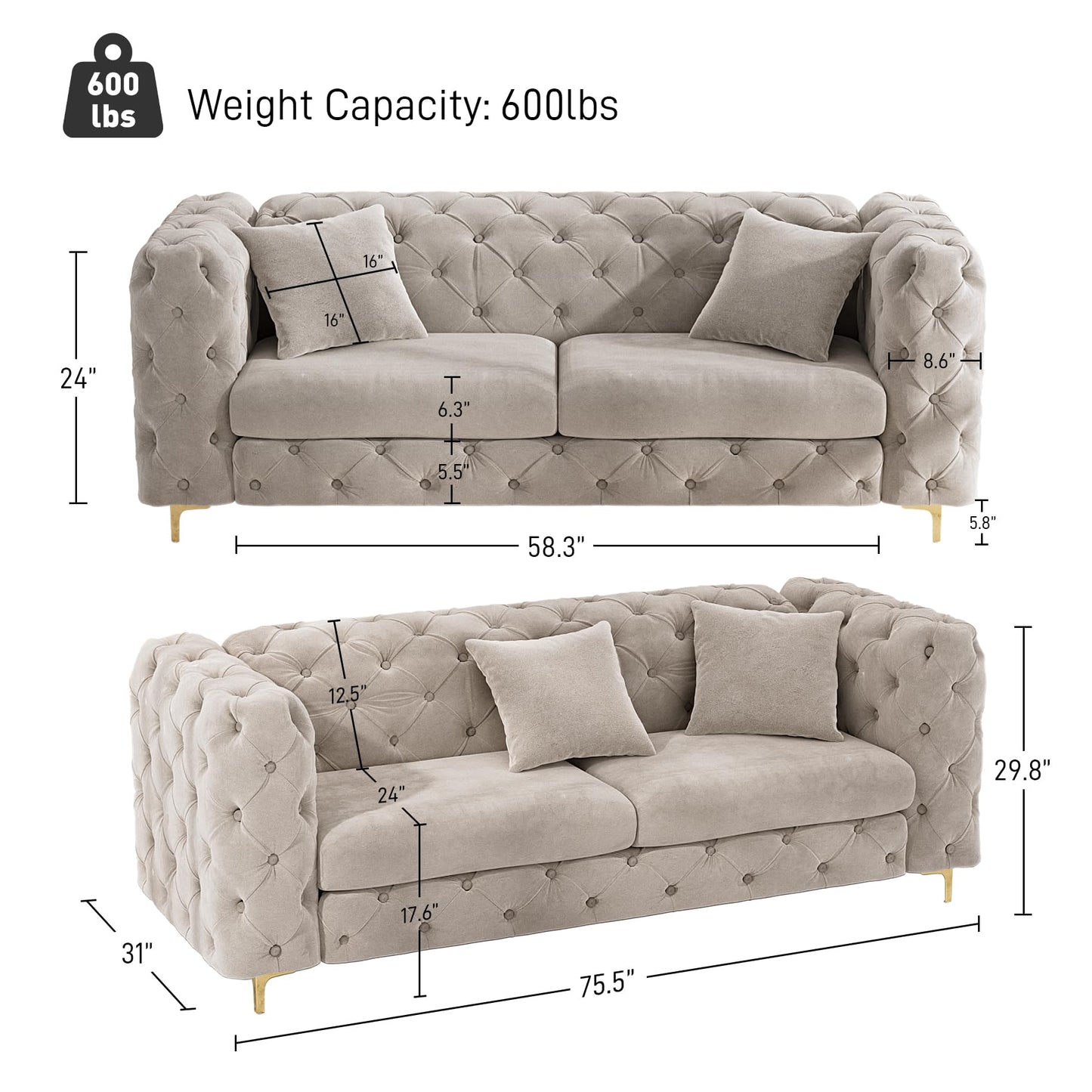 75 Inch Sofa Couch Modern Velour Upholstered Couch Contemporary