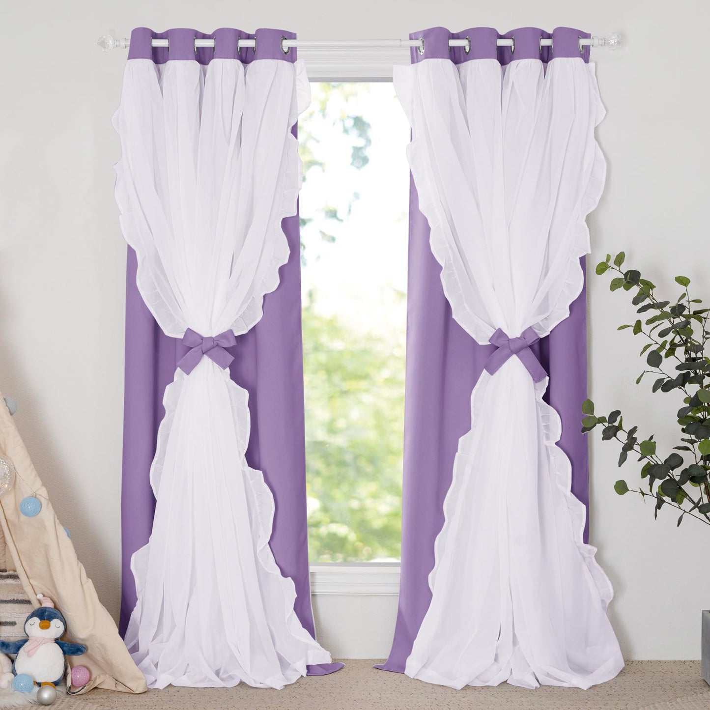 Blackout Window Treatment Double Layer Drapes Ruffle Sheer Overlay 2 Panels