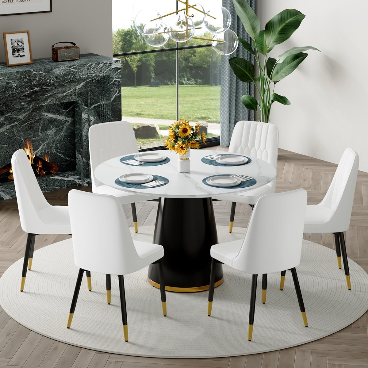 Round Dining Table Set for 6, 45''Round Wooden Dining Set