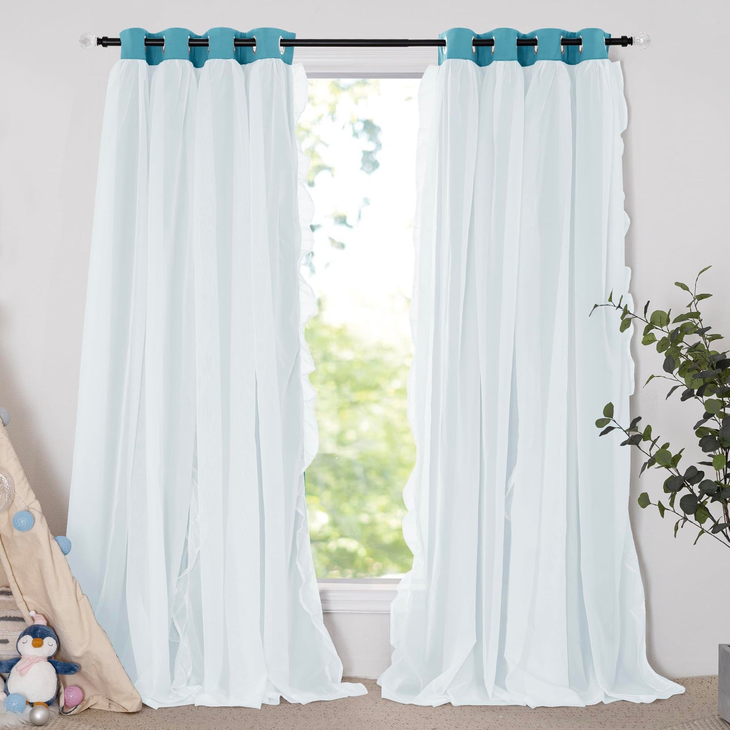 Blackout Window Treatment Double Layer Drapes Ruffle Sheer Overlay 2 Panels