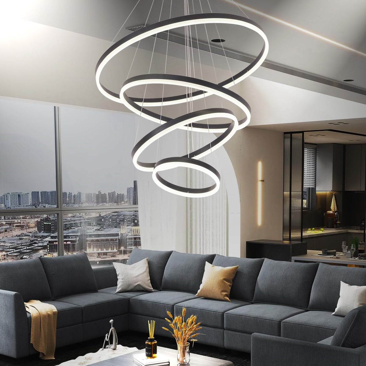 39.37" Larger Chandelier for High Ceilings, 7 Ring Dimmable with Remote