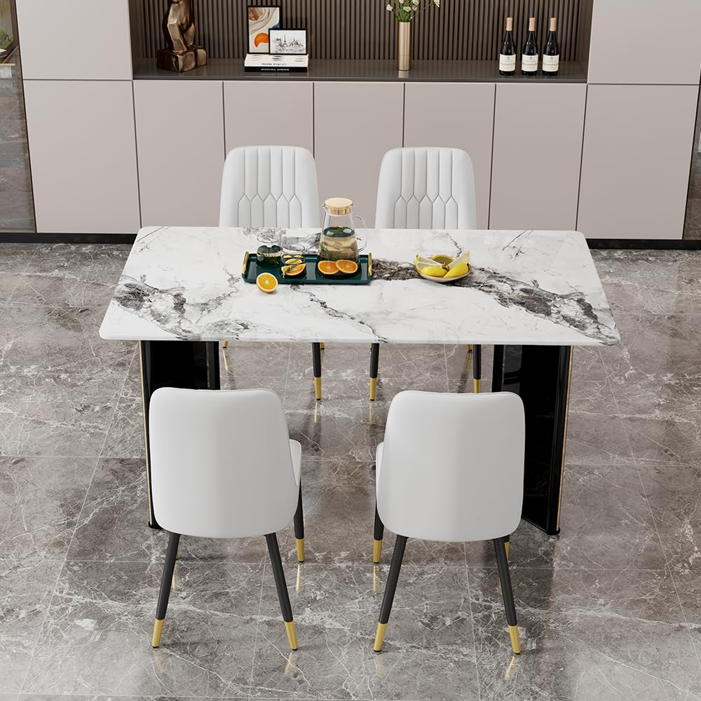 Dining Table Set for 6, White Faux Marble Pattern Table with 6 Modern Dining Chairs