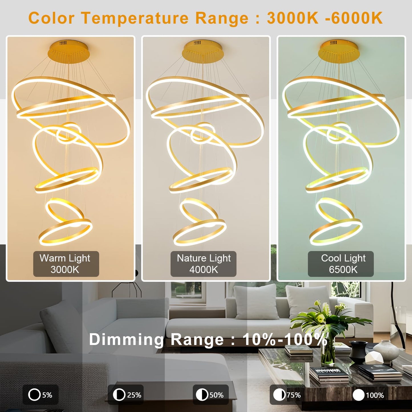 Gold Staircase Hanging 12 Ring Long Led Chandelier Dimmable with Remote Controller