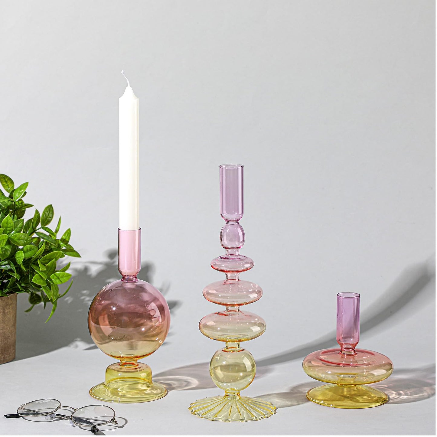 3 Pcs Glass Candlestick Holders Glass Taper Candle Holders (Green)