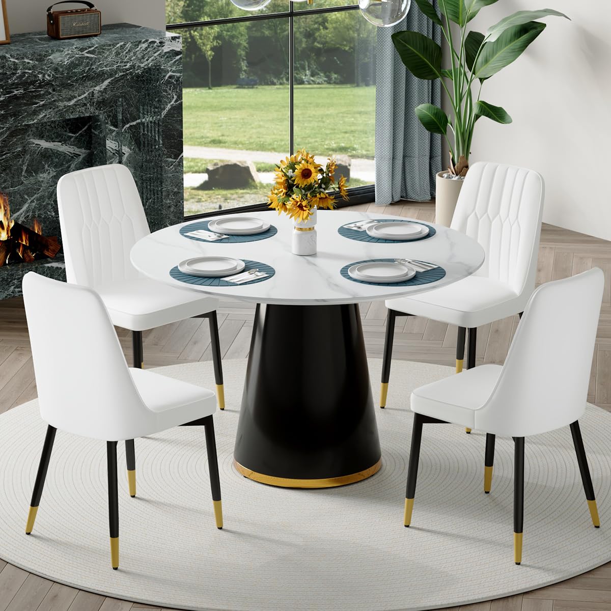 Round Dining Table Set for 6, 45''Round Wooden Dining Set