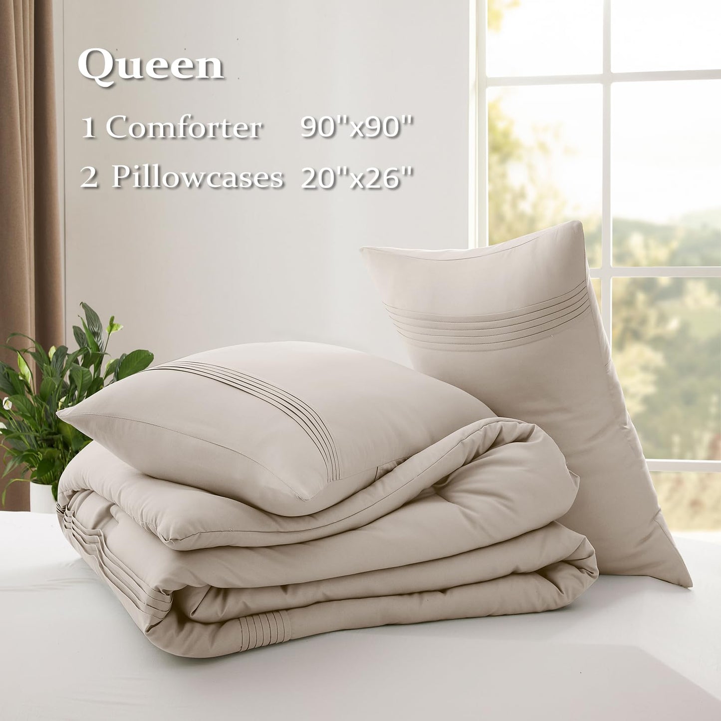 Lightweight Beige Comforter Set Queen Size, Fluffy Comforters