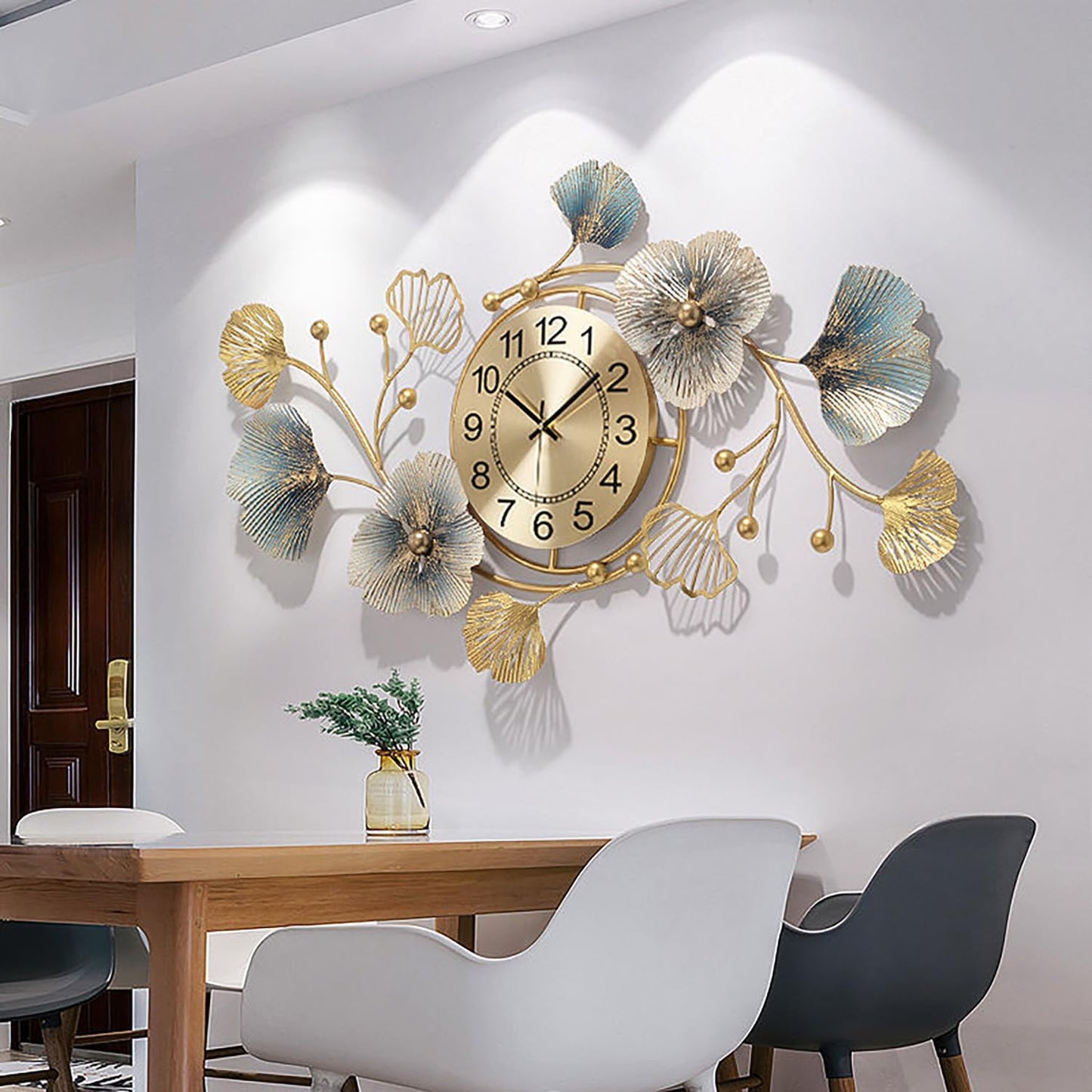 3D Metal Ginkgo Wall Clocks Decorative with Silent Movement Wall Clock