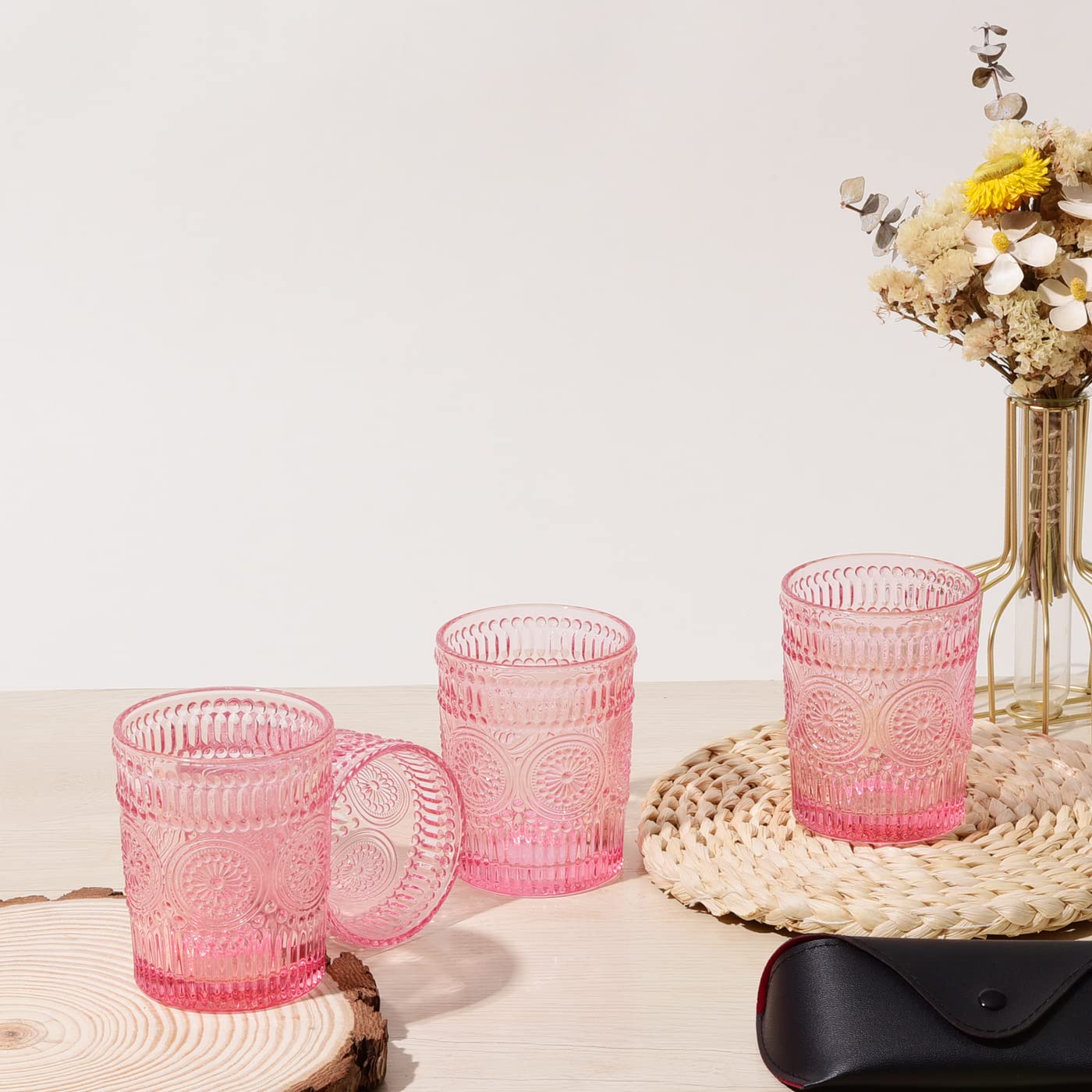 4 Pack Glasses-10.5 OZ Pink Vintage Drinking Glasses Tumblers