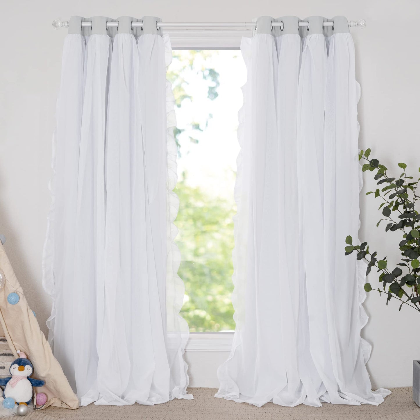 Blackout Window Treatment Double Layer Drapes Ruffle Sheer Overlay 2 Panels