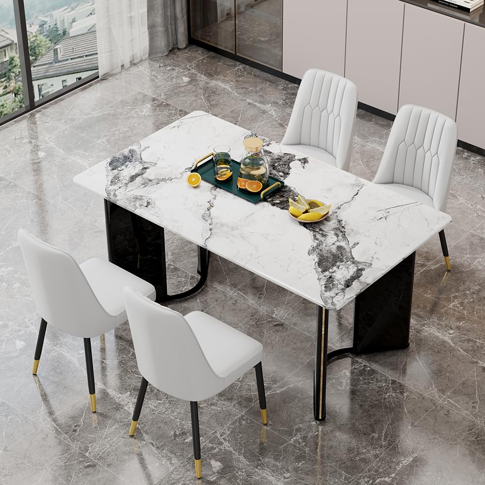 Dining Table Set for 6, White Faux Marble Pattern Table with 6 Modern Dining Chairs