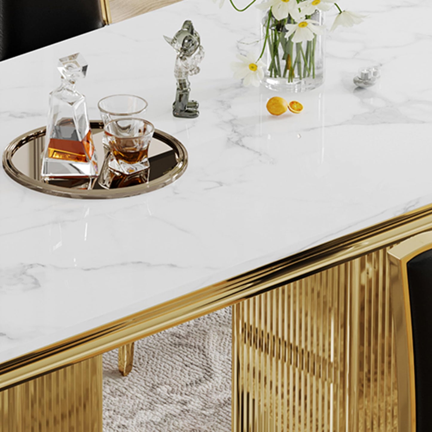 70 Inch White Marble Kitchen Table with Gold Mirrored Cabriole Legs