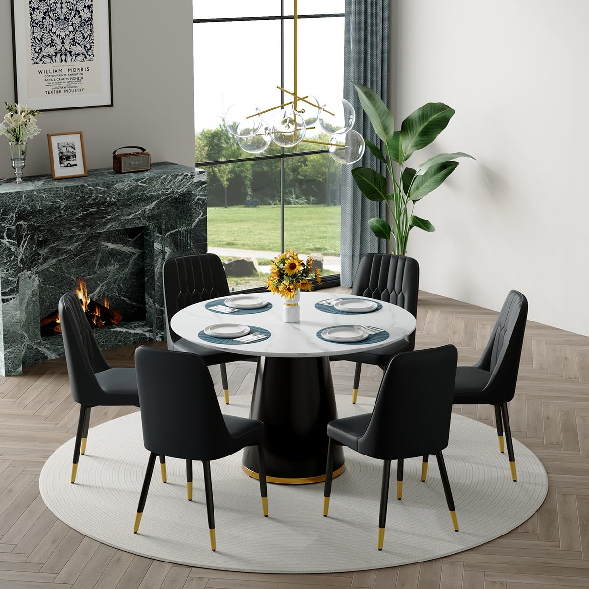 Round Dining Table Set for 6, 45''Round Wooden Dining Set