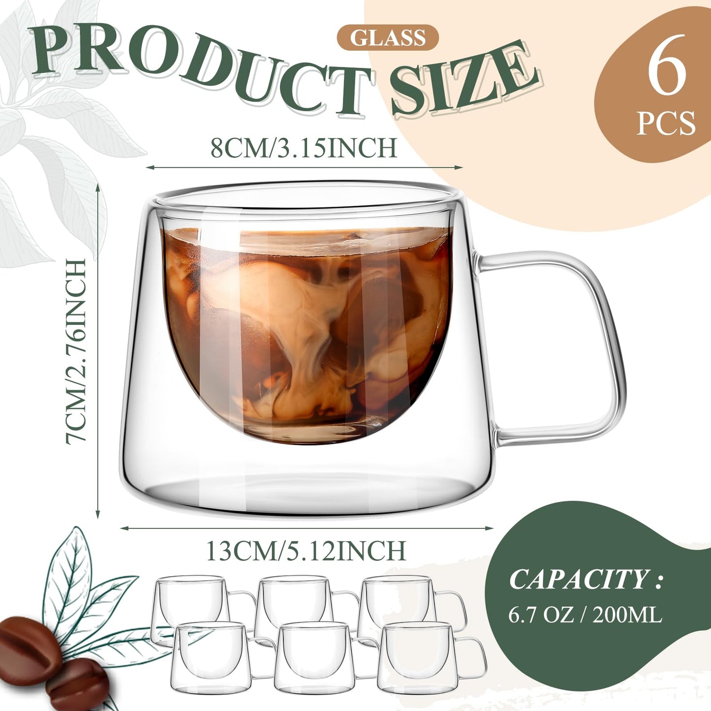 6 Pcs 6.8 oz Double Wall Glass Coffee Mugs Clear Insulated Coffee Mugs