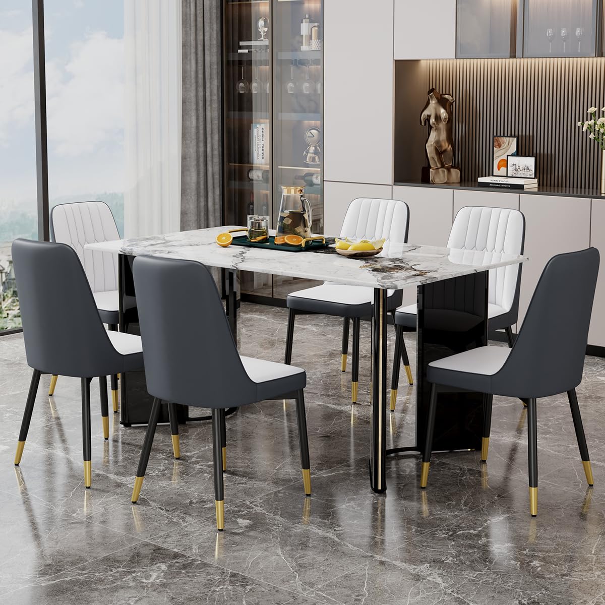 Dining Table Set for 6, White Faux Marble Pattern Table with 6 Modern Dining Chairs