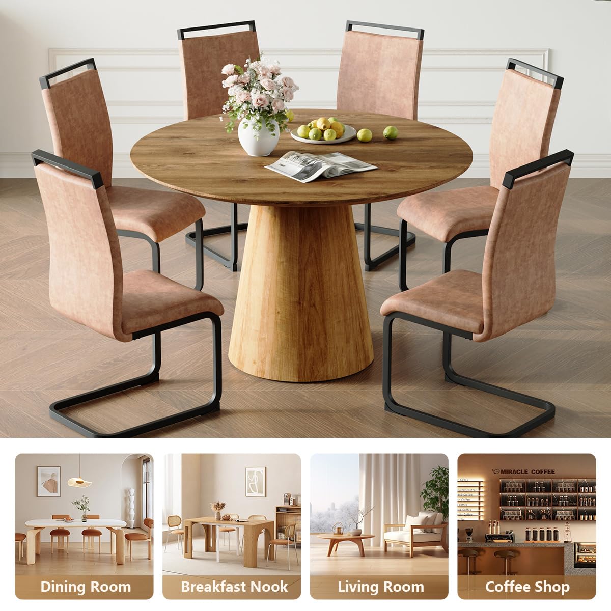 Round Dining Table Set for 6, 45''Round Wooden Dining Set