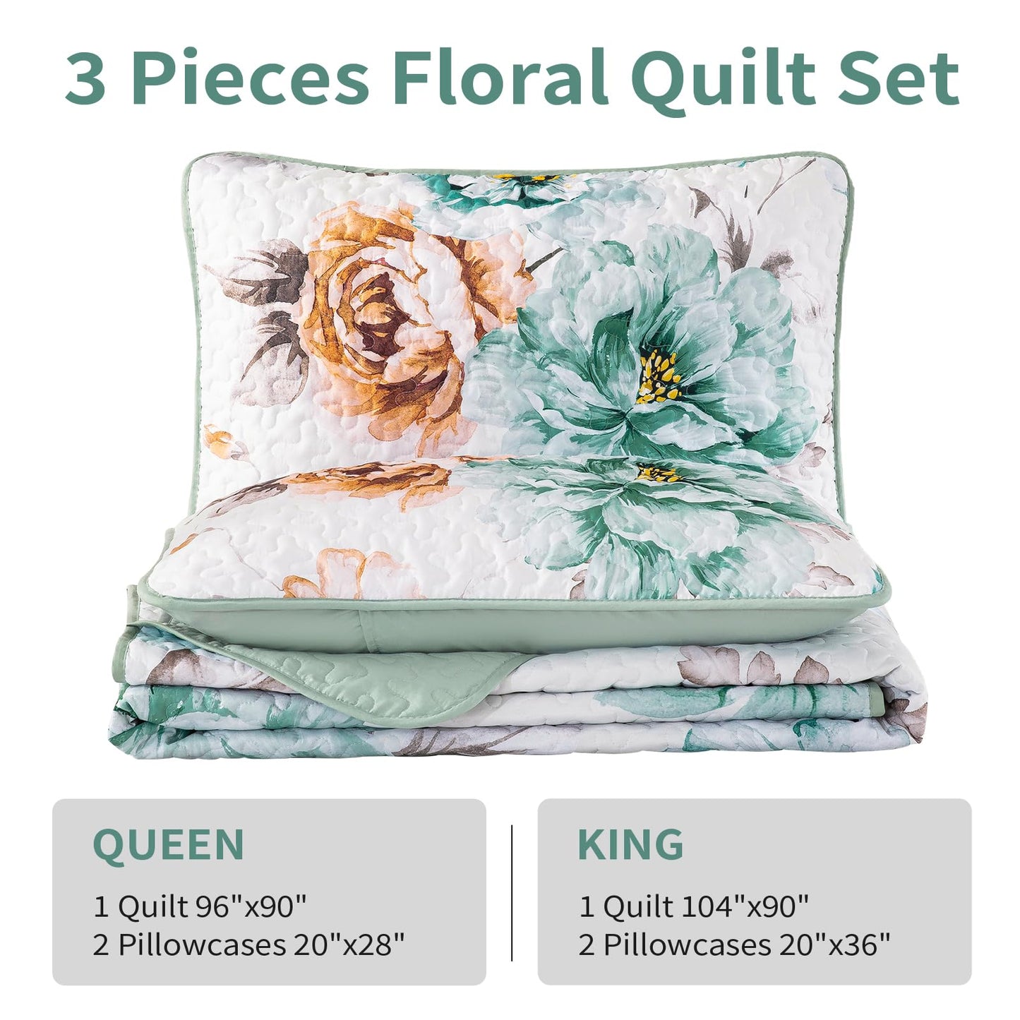 Purple Floral Quilt Set Queen Size, 3 Pieces Botanical Flower Printed