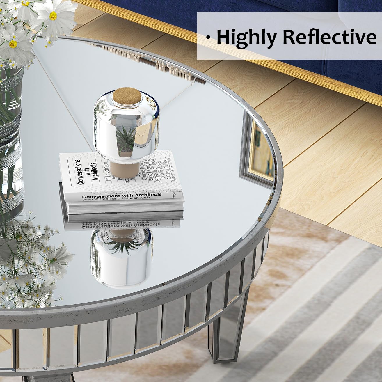 31.5'' Modern Round Coffee Table with Mirror Surface, Silver Accent Table