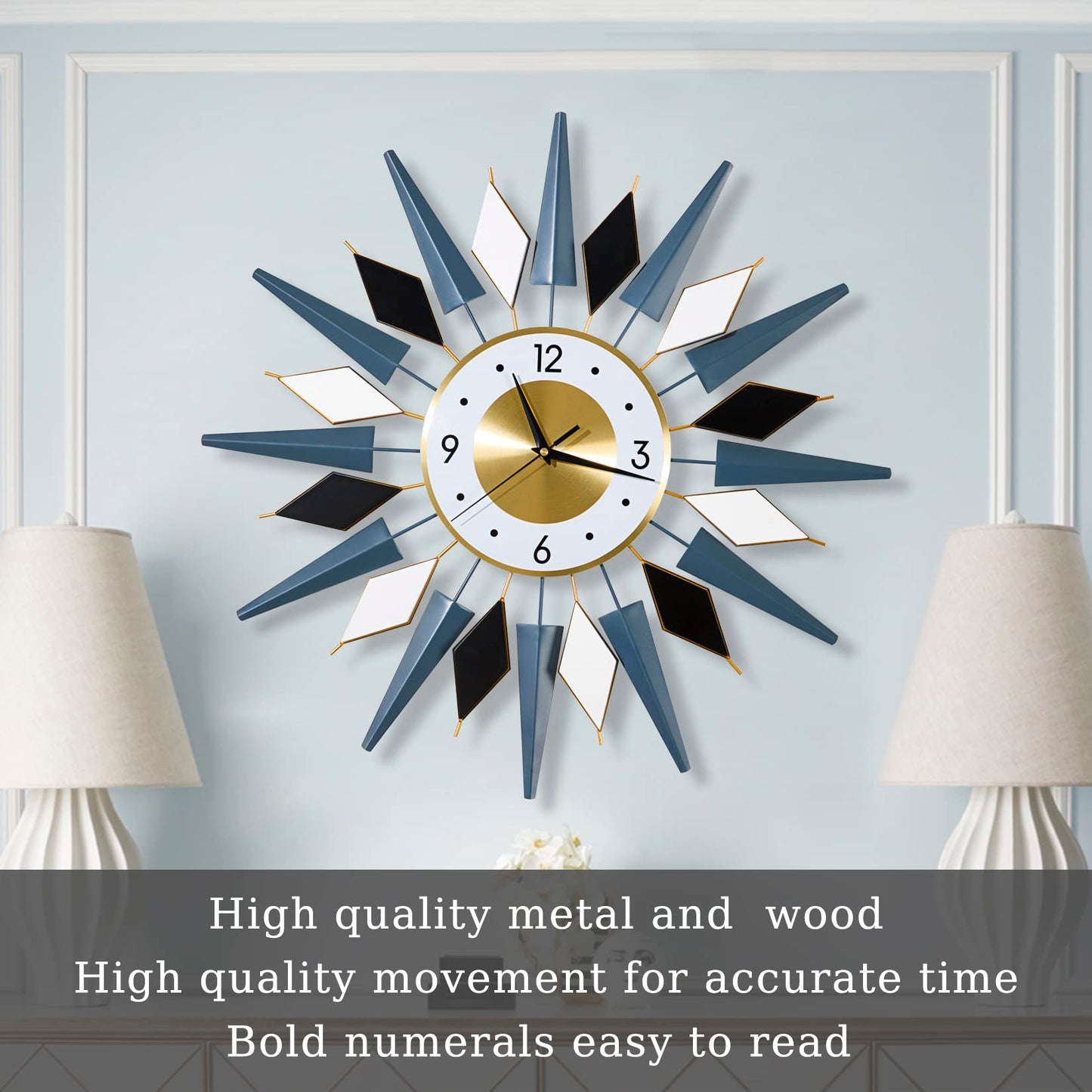 24 Inch Modern Metal Wall Clock Unique Design, Large Silent Battery Operated