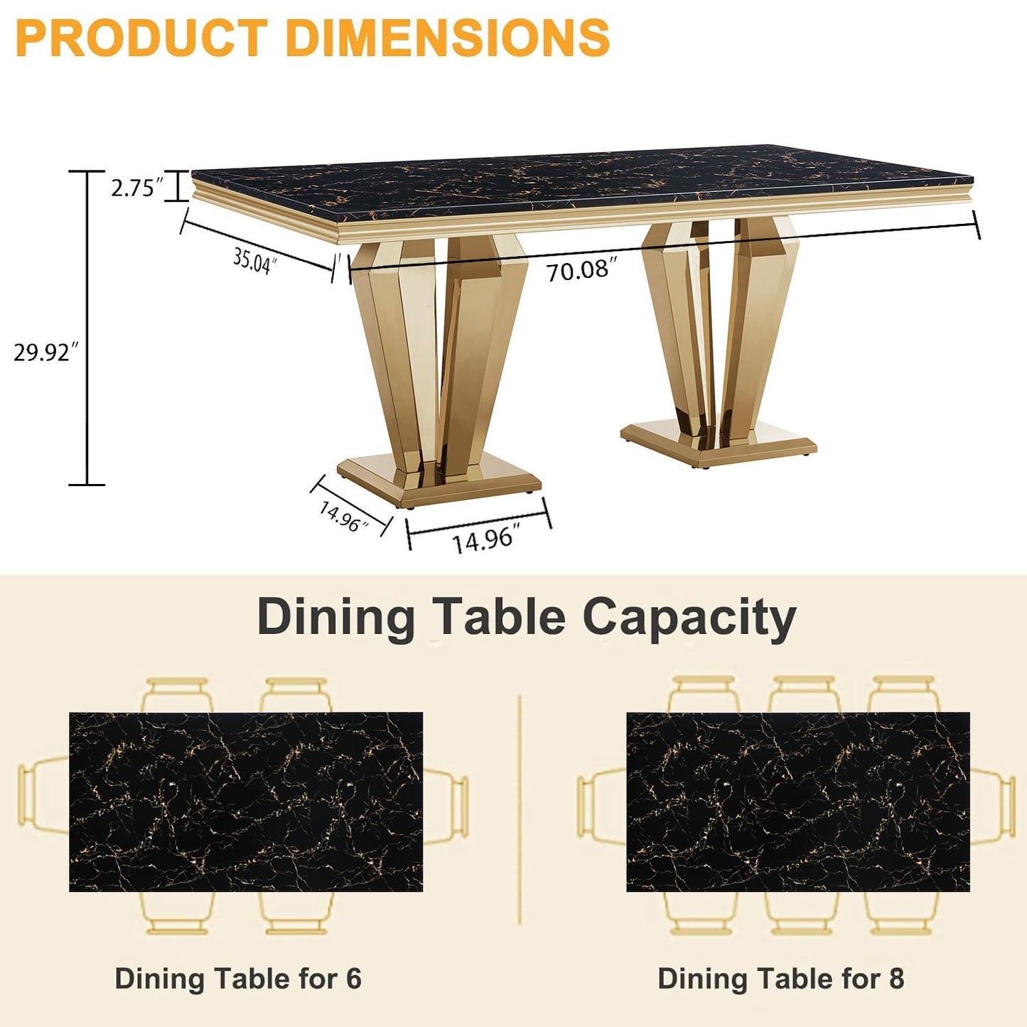 70 Inch White Marble Kitchen Table with Gold Mirrored Cabriole Legs