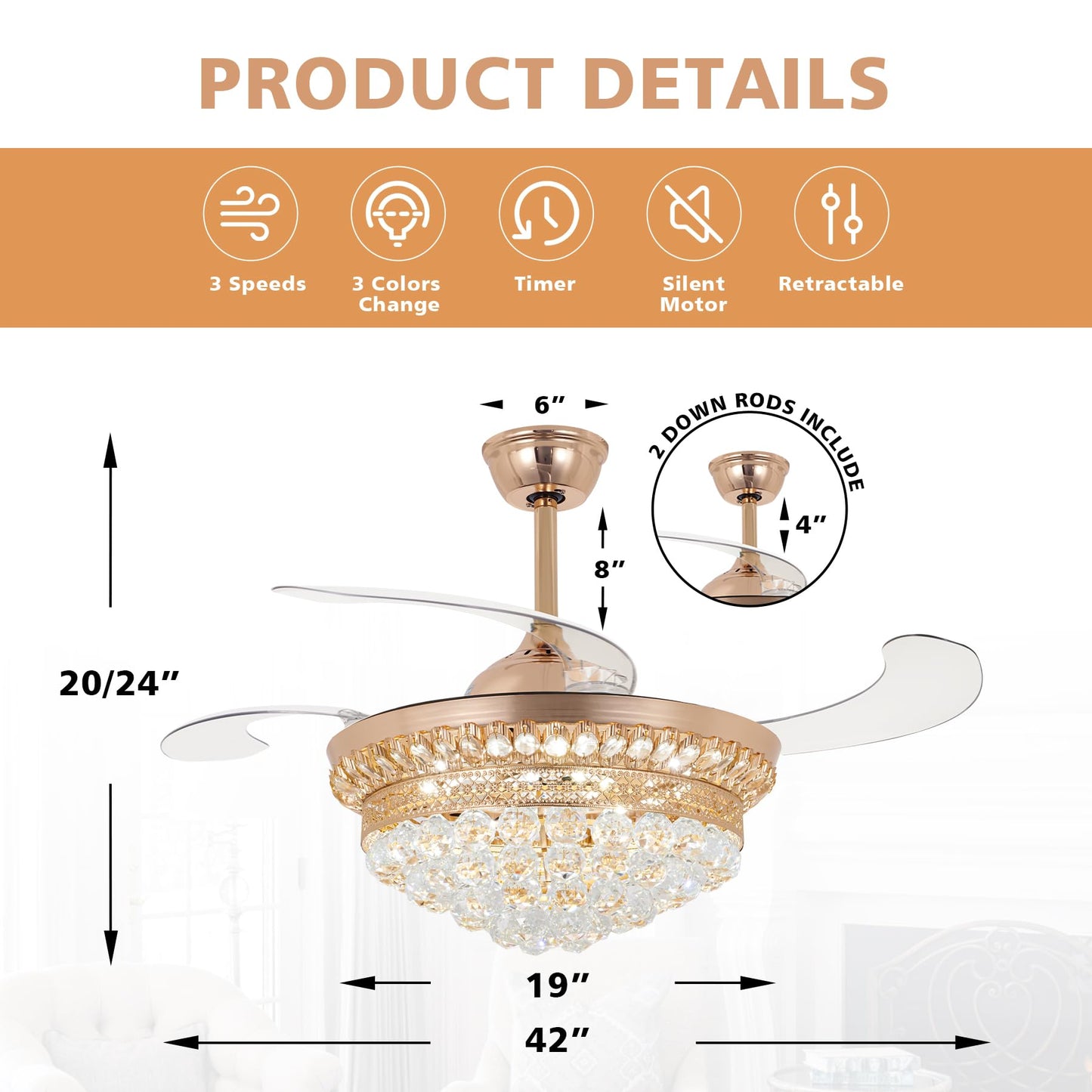 42" Crystal Chandelier Ceiling Fan and Remote, Gold Luxury Fan