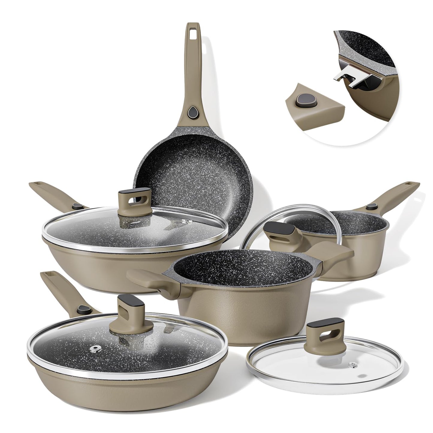 Nonstick Pots and Pans Set, Brown Granite Induction with Stay Handles