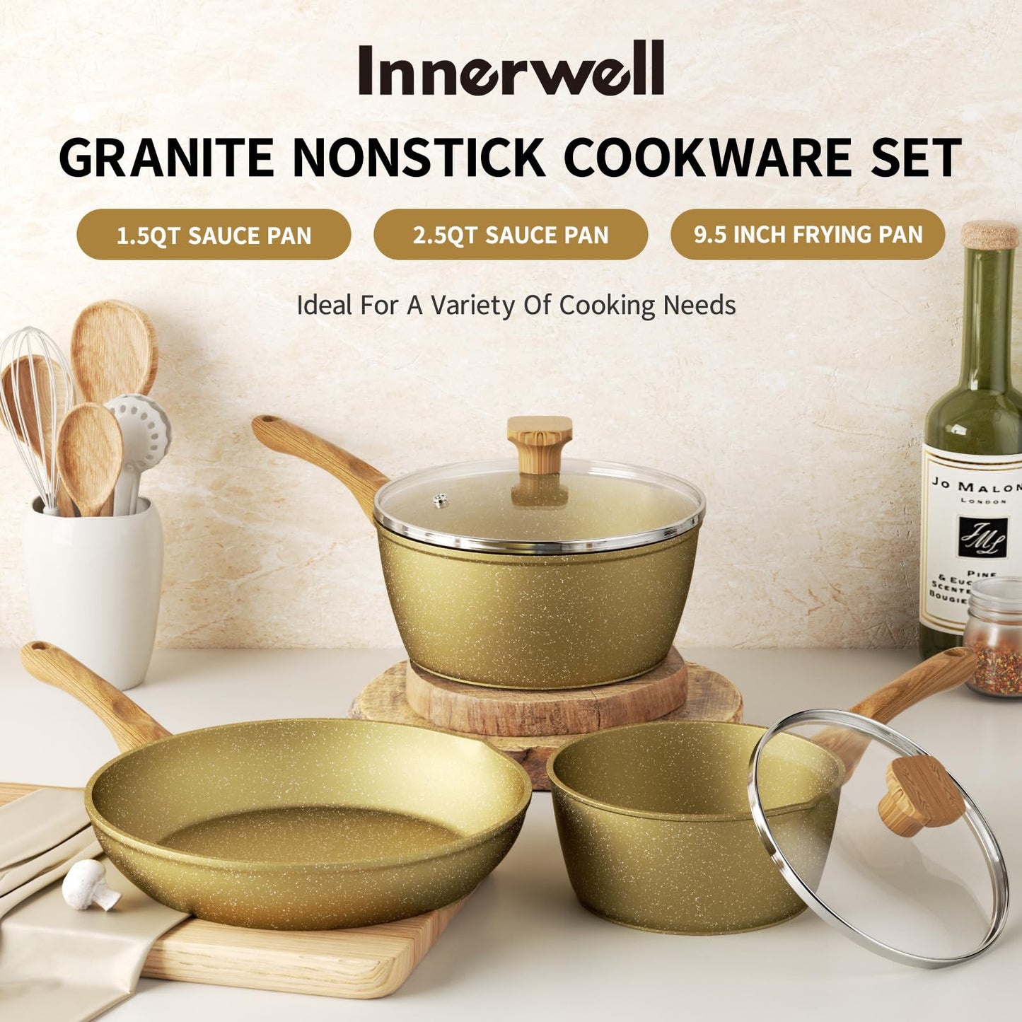 Nonstick Frying Pan Set, Non Stick Sauce Pan Set with Lid Gold Granite Pans