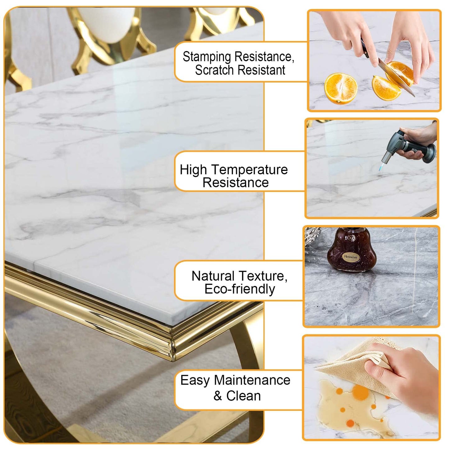 70 Inch White Marble Kitchen Table with Gold Mirrored Cabriole Legs