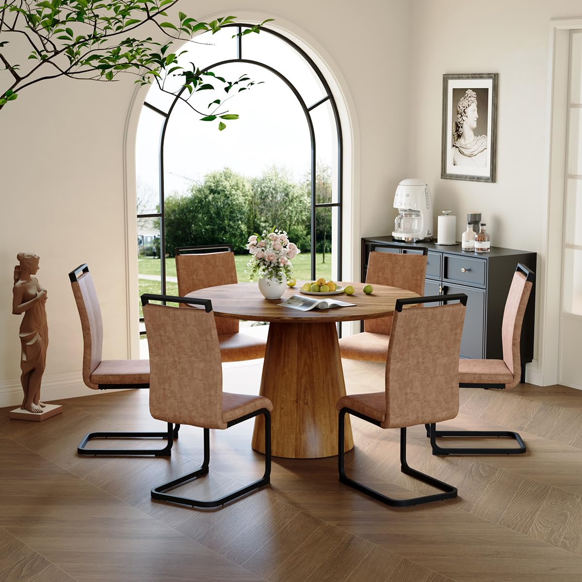 Round Dining Table Set for 6, 45''Round Wooden Dining Set