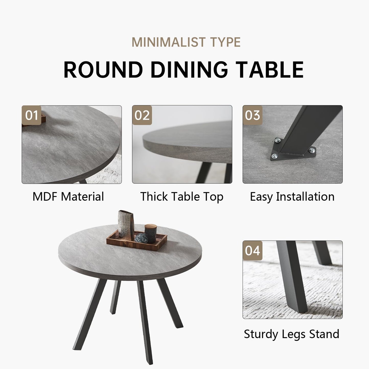 Round Dining Table Set for 4,  (Dining Table + 4 Black Chairs)