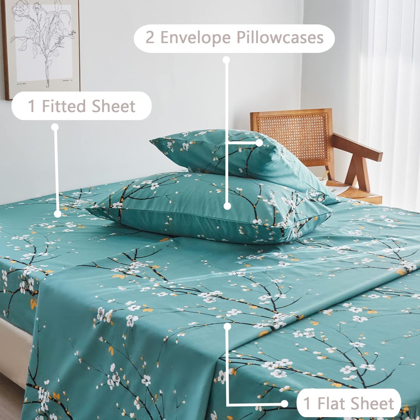 Teal Sheet Set 4 Pcs Queen Sheet Set Floral Print