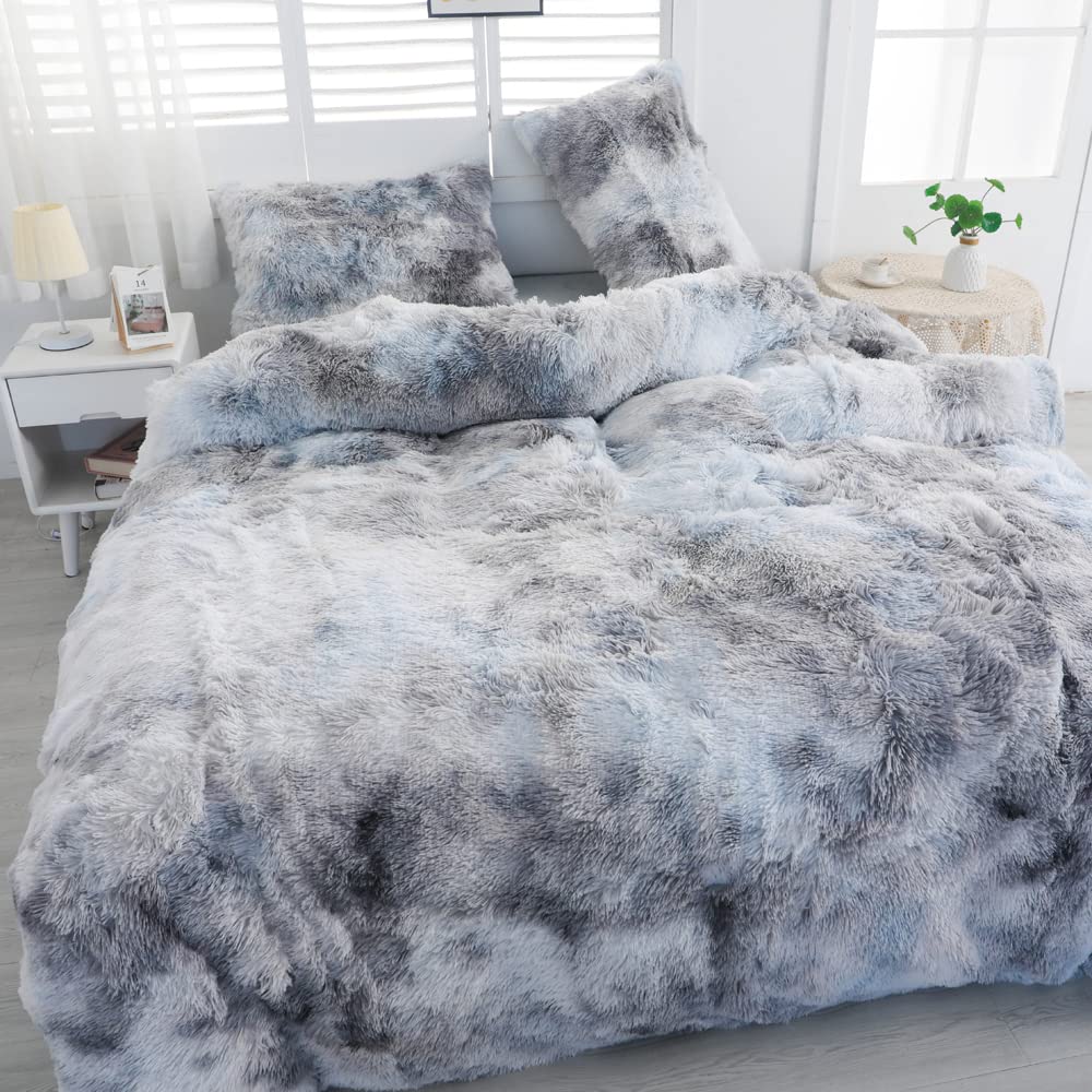 Faux Fur Tie-dyed Green Gray Black Colorful Comforter Sets Queen - 3PC Bed Set