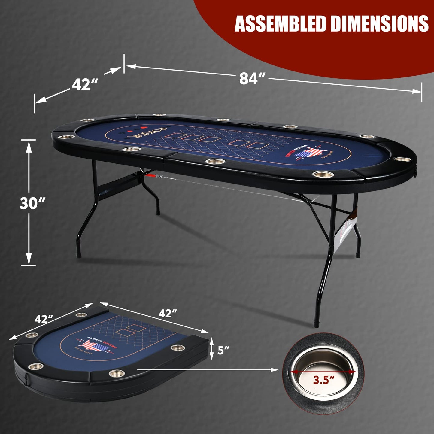 10 Player Poker Table Foldable, 86" Folding Texas Holdem Poker Table